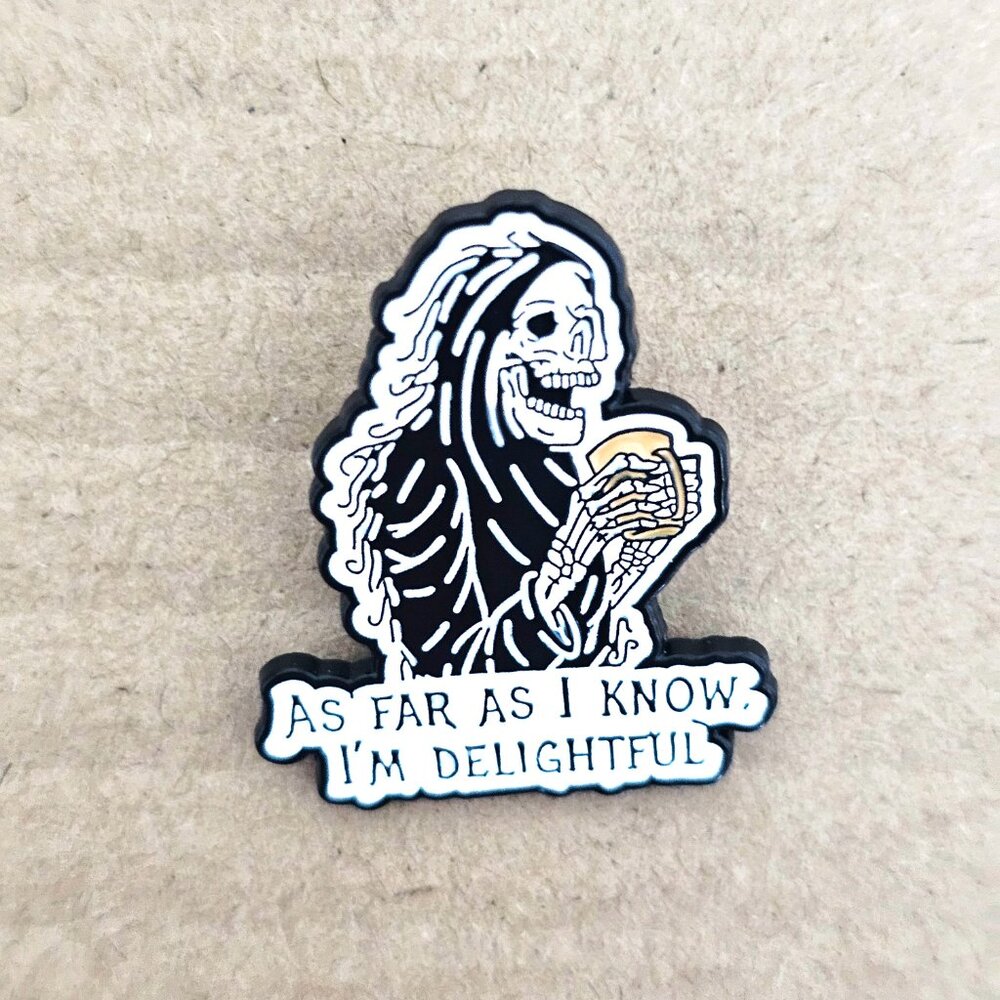 Skeleton Coffee Enamel Pin “As Far As I Know I’m Delightful” Funny Gothic Pin - Picture 1 of 3